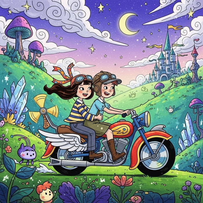 Brunette Girl and Boy on Disney Motorcycle Adventure Brunette Girl and Boy on Disney Motorcycle Adventure