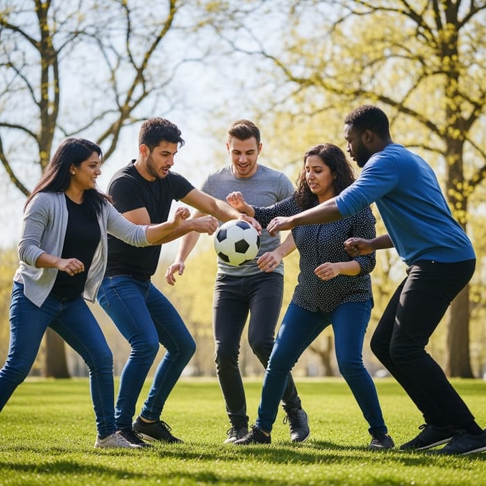 Group of 5 People Playing Ball Together in Park