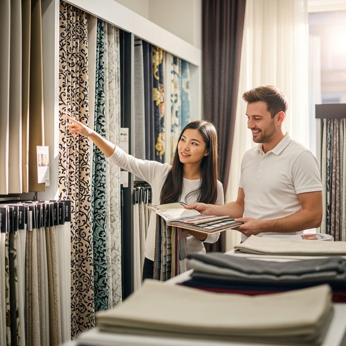 Curtain Shopping in Retail Store: Customer Assistance Scene Curtain Shopping in Retail Store: Customer Assistance Scene