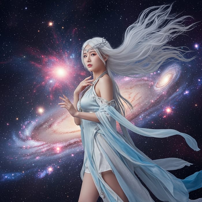 Ethereal Woman with Long White Hair & Cosmic Background
