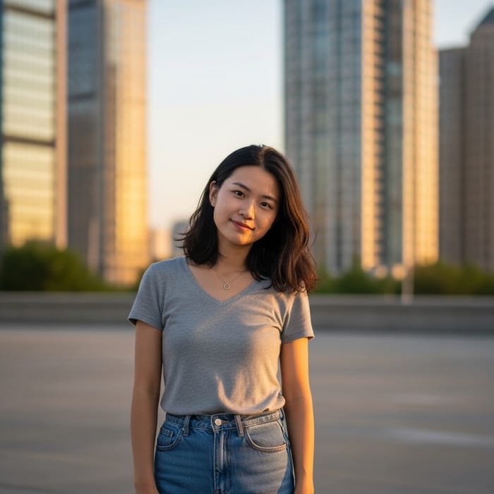 24-Year-Old Chinese Woman Smiling at Urban Sunset | Casual Portrait