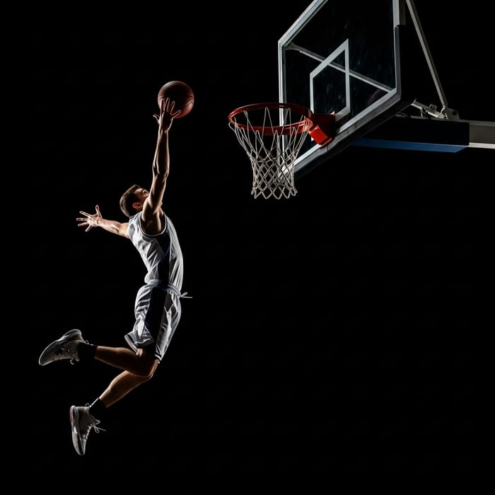 Black Background Basketball Player Leaping into Hoop Black Background Basketball Player Leaping into Hoop