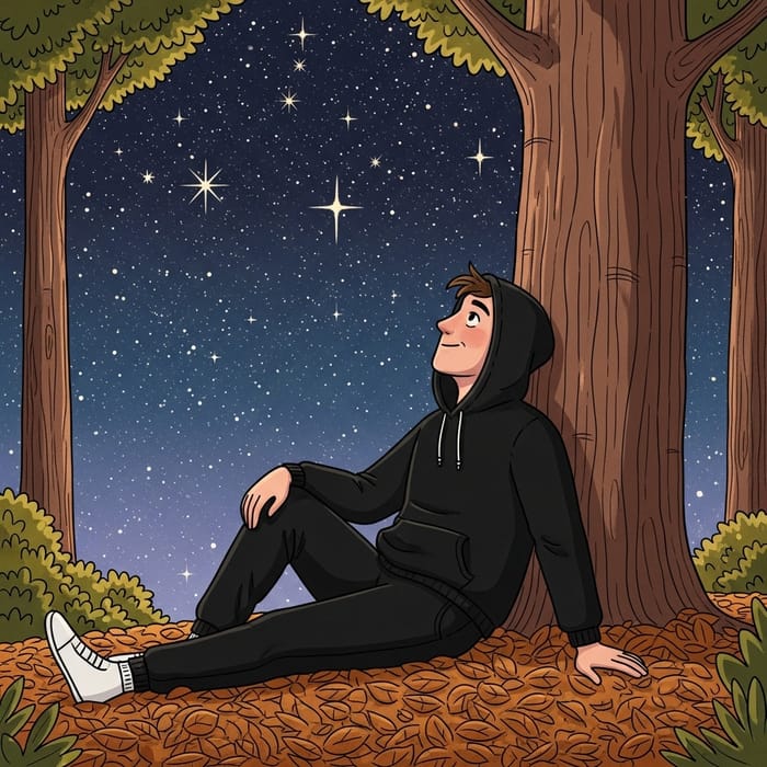 White Man in Black Outfit Stargazing on Forest Floor White Man in Black Outfit Stargazing on Forest Floor