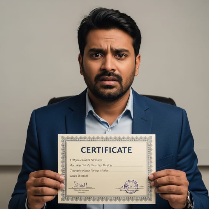 Worried Man in Formal Suit with Certificate