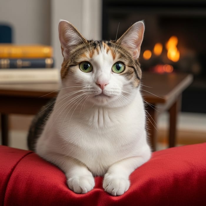 Beautiful Calico Cat Poses Comfortably on Velvet Cushion