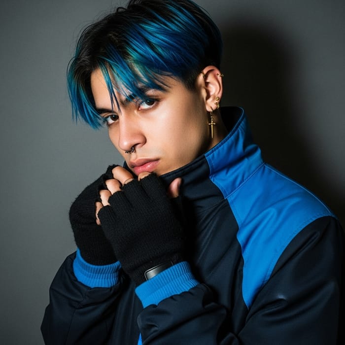 Urban Grunge Aesthetic: Young Man with Blue Streaks & Vintage Camera