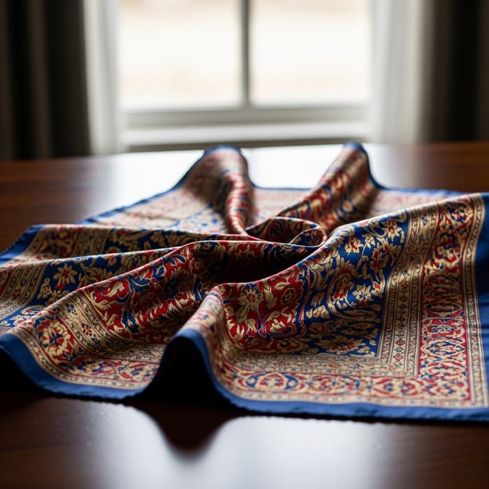 Elegant Silk Scarf with Vibrant Red, Blue, and Gold Patterns