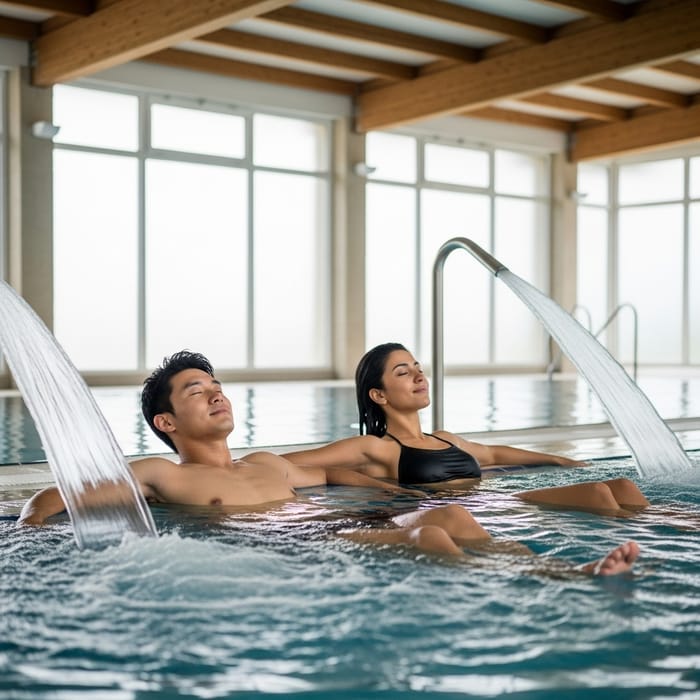 Indoor Pool Chilling: Couple in Refreshing Water Jets Indoor Pool Chilling: Couple in Refreshing Water Jets