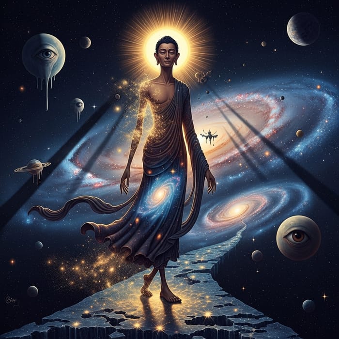 Realistic Chinese Photorealistic Humanoid Tathāgata Buddha on Cosmic Journey Realistic Chinese Photorealistic Humanoid Tathāgata Buddha on Cosmic Journey