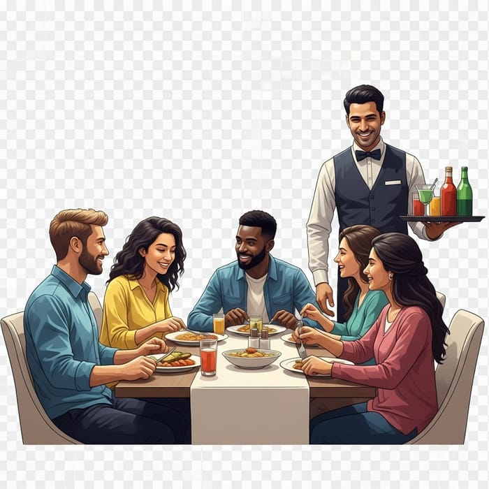 Group of Diverse Friends Dining at Buzzing Restaurant with Smiling Waiter
