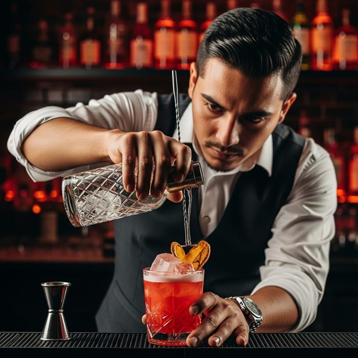 Hispanic Mixologist Crafting Vibrant Cocktail | Dynamic Expression