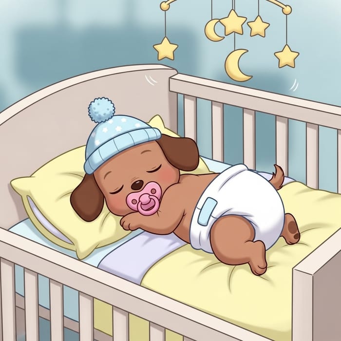 Cute Newborn Puppy Cartoon Animation Sleeping with Pacifier in Baby Crib