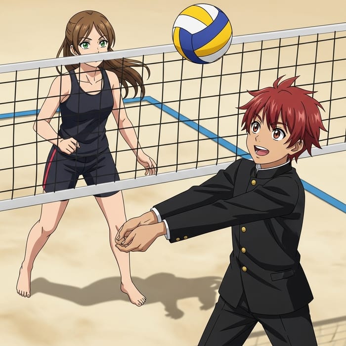 Japanese School Uniform Volleyball Match: Girl Vs Redhead Boy Japanese School Uniform Volleyball Match: Girl Vs Redhead Boy