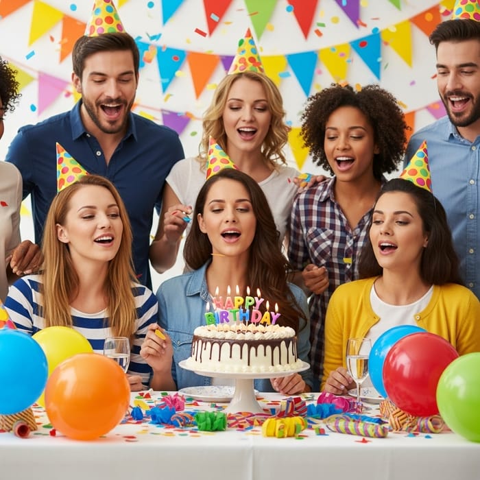 Colorful Birthday Celebration with Joyful Cake and Happy Faces