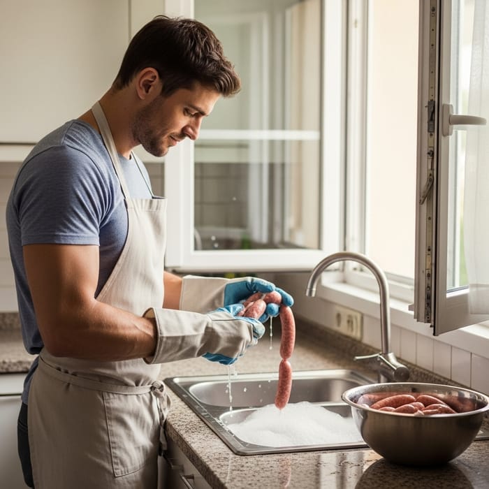 Muscular Man Cleaning Raw Sausages in Kitchen | Domestic Scene