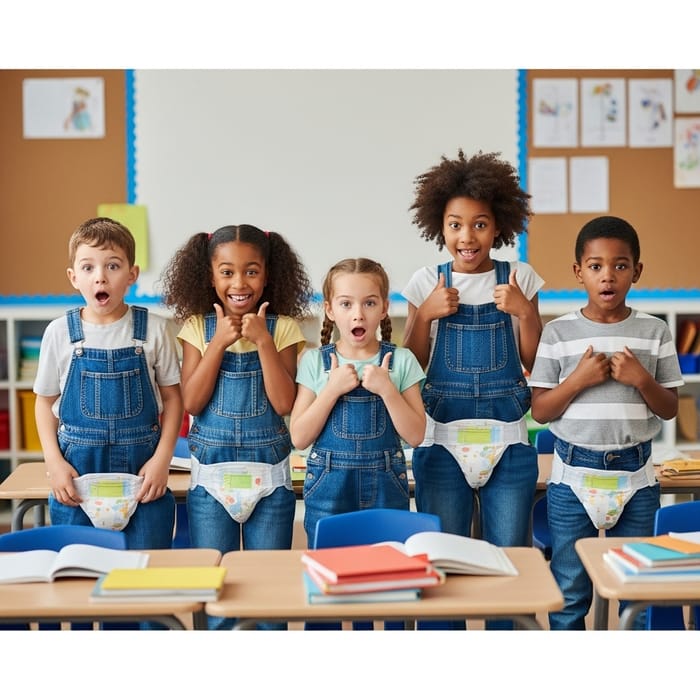 Surprised Kids in Diaper-Like Overalls in Classroom