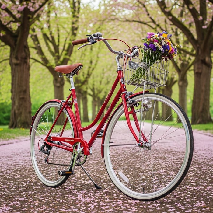 Vintage Red Bicycle in Sunlit Park | Classic Bike with White-Walled Tires Surrounded by Cherry Blossoms Vintage Red Bicycle in Sunlit Park | Classic Bike with White-Walled Tires Surrounded by Cherry Blossoms
