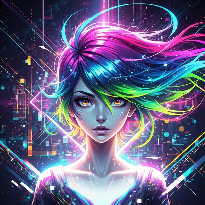 Geoxor Style Drawing of a Vibrant Young Woman Geoxor Style Drawing of a Vibrant Young Woman
