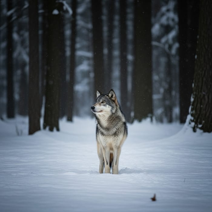 Lone Wolf in Snowy Forest - Night Serenity