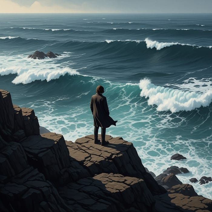 Contemplative Figure on Cliff Facing Turbulent Ocean Contemplative Figure on Cliff Facing Turbulent Ocean