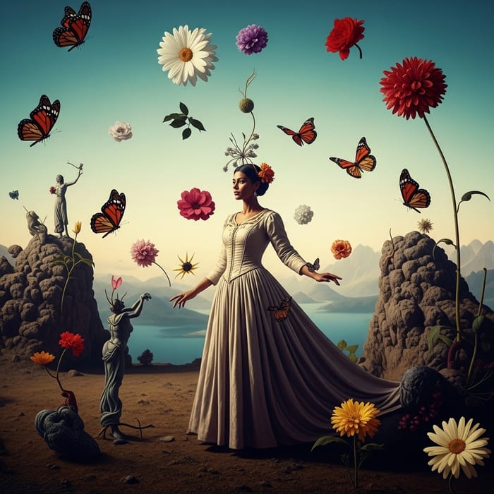 Ethereal Beauty: Woman in Flowing Gown surrounded by Flowers and Butterflies Ethereal Beauty: Woman in Flowing Gown surrounded by Flowers and Butterflies