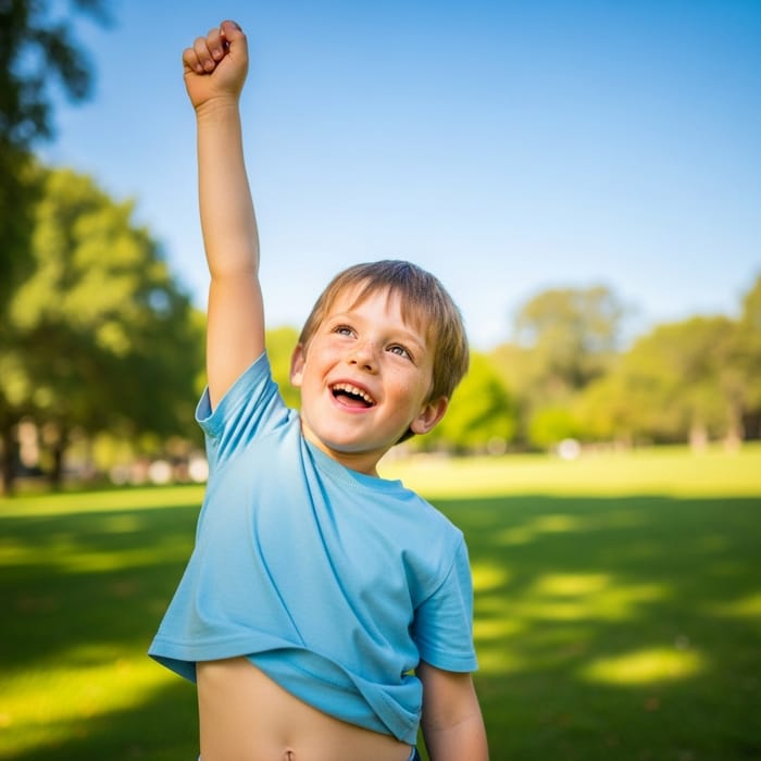Young Boy Stretching Arm Up Outdoors - Fun Pose