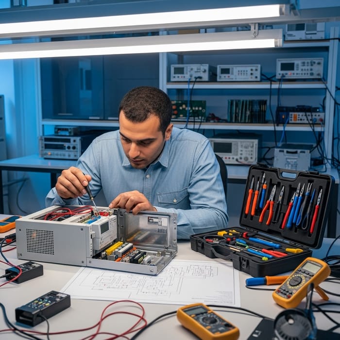 Engineer Performing PLC Maintenance in Electronics Lab