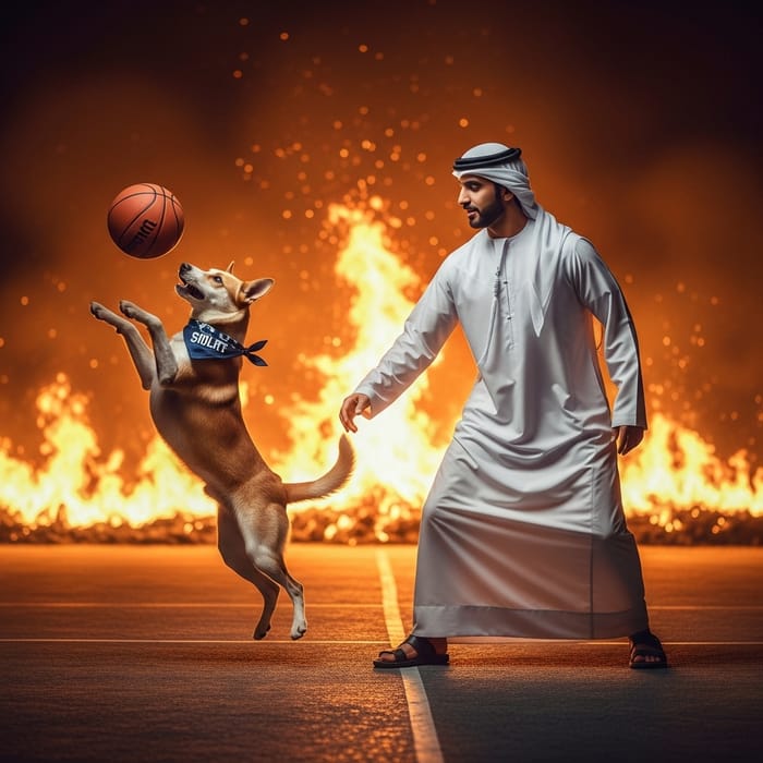 Dog Playing Basketball with Jesus Christ in Fiery Background
