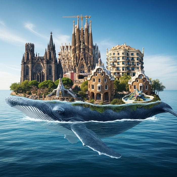 Barcelona Whale Sculpture with Iconic Landmarks Barcelona Whale Sculpture with Iconic Landmarks