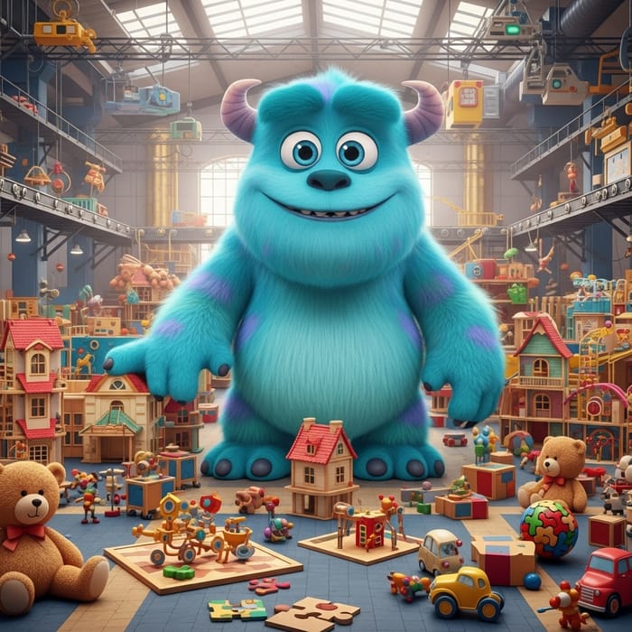 Friendly Giant Blue Monster among Toy Factory Toys
