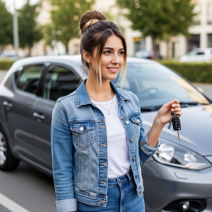 Stylish Young Woman with Balayage Hair, Holding Car Stylish Young Woman with Balayage Hair, Holding Car
