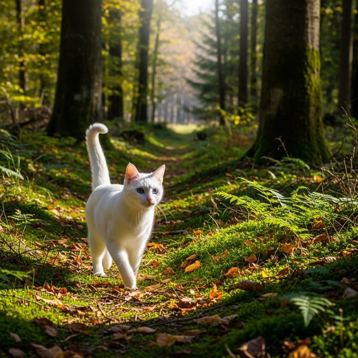 White Cat with Blue Eyes Strolling in the Forest White Cat with Blue Eyes Strolling in the Forest