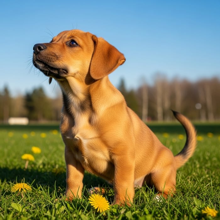 Cute Puppy | Playful Light Brown Fur Dog on Green Lawn