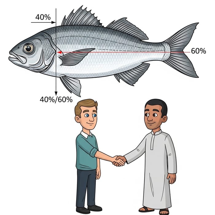 Detailed Fish Drawing with Two Diverse Cartoon Men Holding Hands