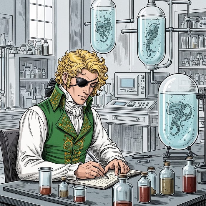 Blond Scientist with Patched Eye in Victorian Lab Setting Blond Scientist with Patched Eye in Victorian Lab Setting