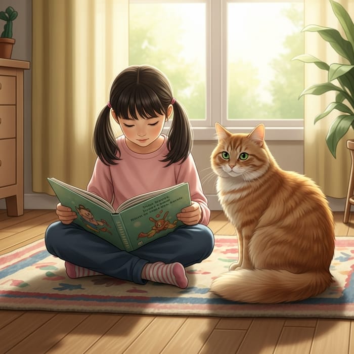 Girl with Ginger Cat | Tranquil Sunlit Scene Girl with Ginger Cat | Tranquil Sunlit Scene