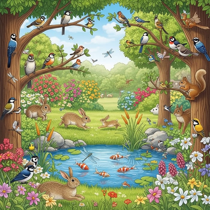 Enchanting Animal Garden: Birds, Rabbits, Fishes & Squirrels