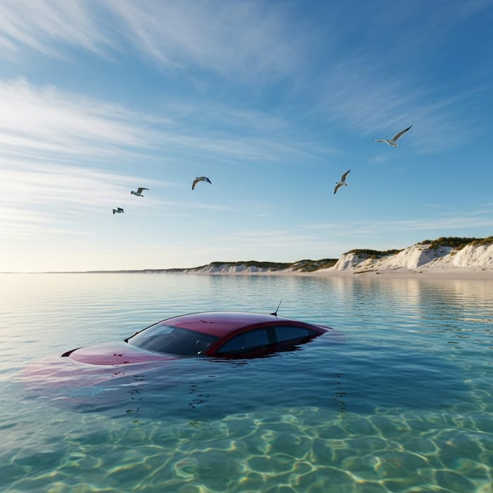 Red Car in Tranquil Waters | Deserted Beach Landscape