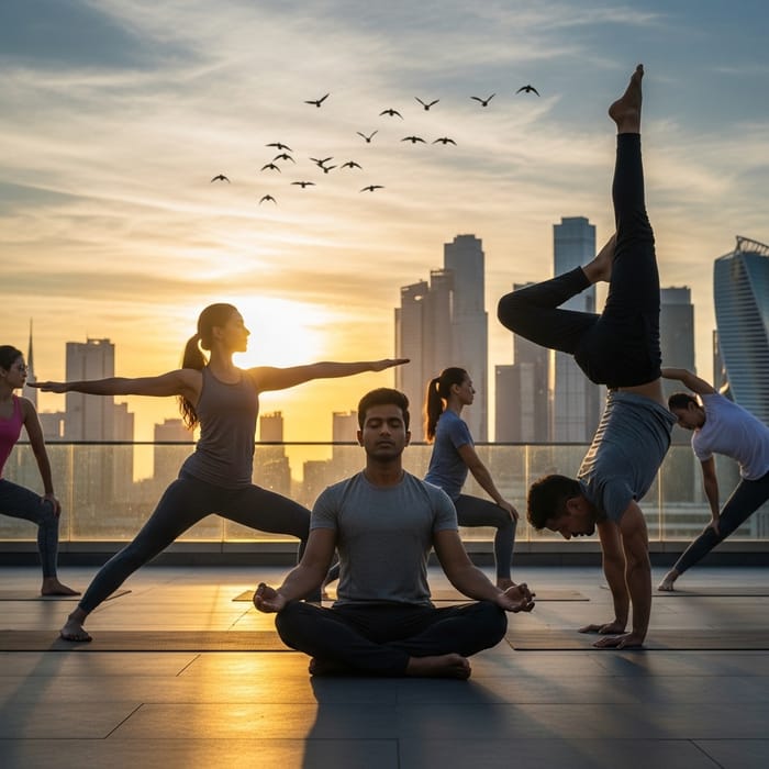 Inspiring Sunrise Yoga Practice with Diverse Group Inspiring Sunrise Yoga Practice with Diverse Group