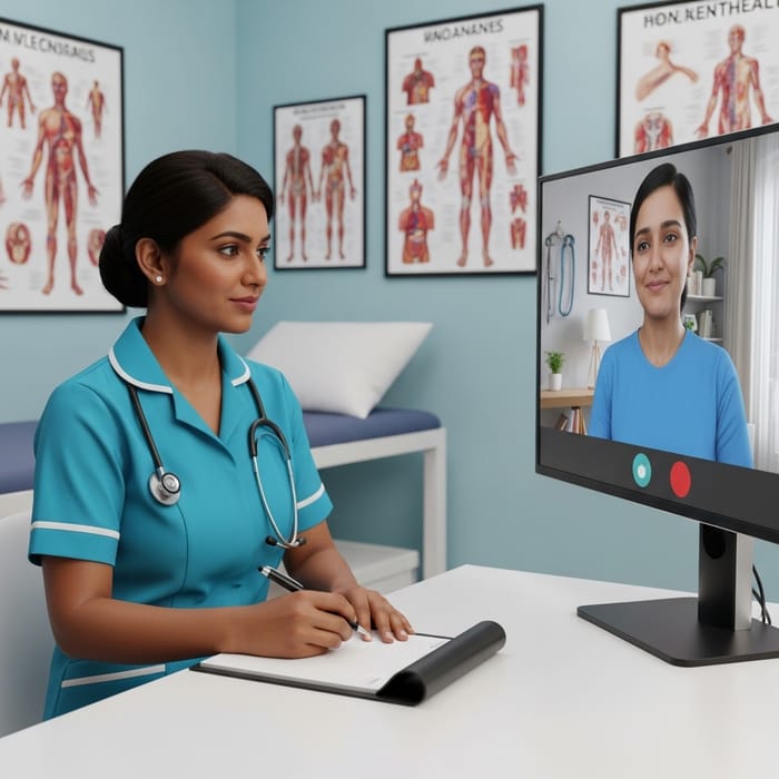 South Asian Female Nurse in Telehealth Session with Virtual Patient South Asian Female Nurse in Telehealth Session with Virtual Patient
