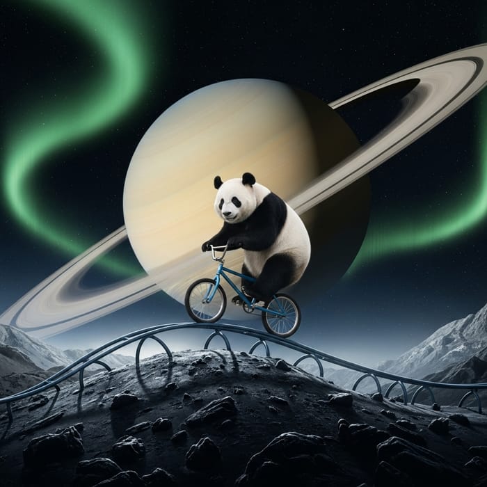 Panda Biking on Saturn: Ethereal Journey Imagery