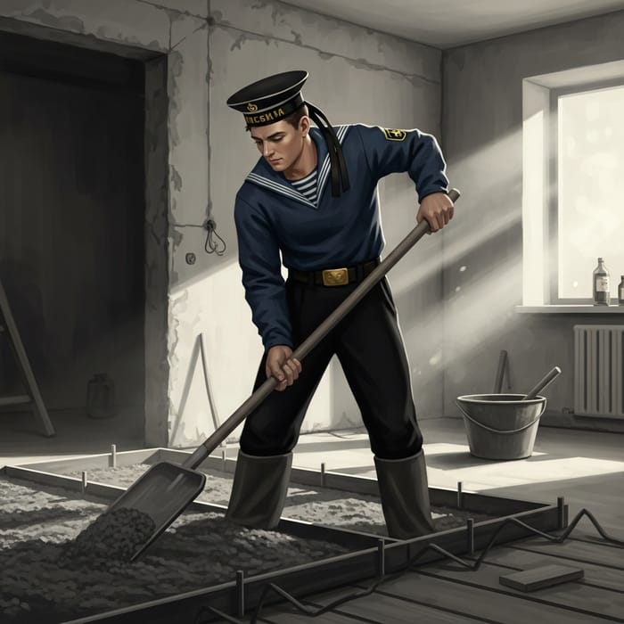 Vintage Russian Sailor Builder Pouring Concrete in Renovated Apartment
