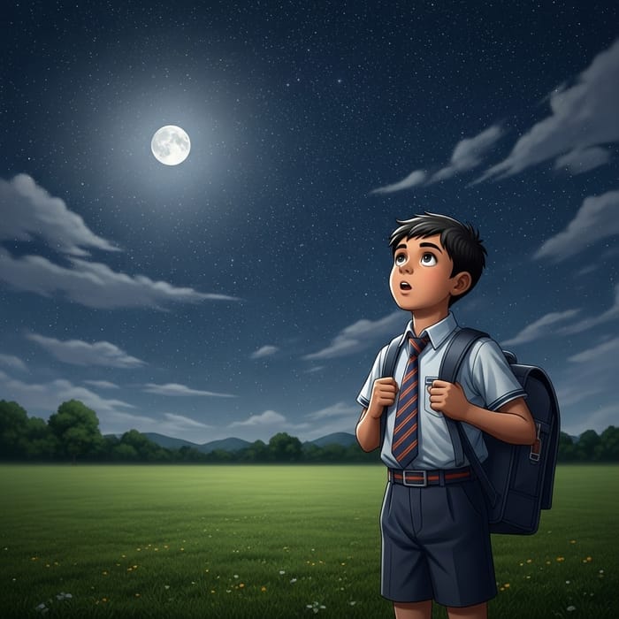 Young Boy Student Enthralled by Starry Night Sky