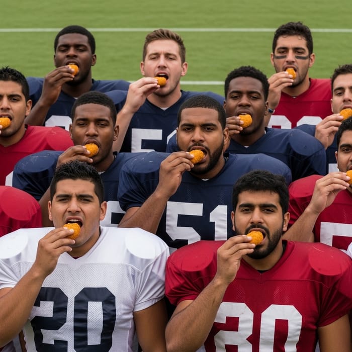 Diverse Football Players Singing Anthem and Enjoying Croquette Moment