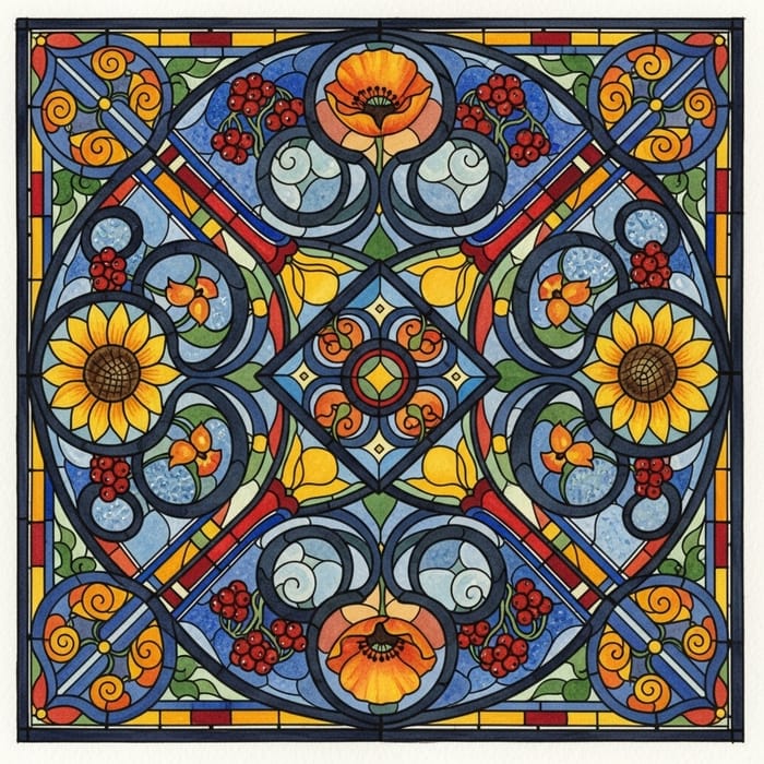 Easy Watercolor Darwins of Stained Glass with Ukrainian Ornament in Tiffany Style Easy Watercolor Darwins of Stained Glass with Ukrainian Ornament in Tiffany Style