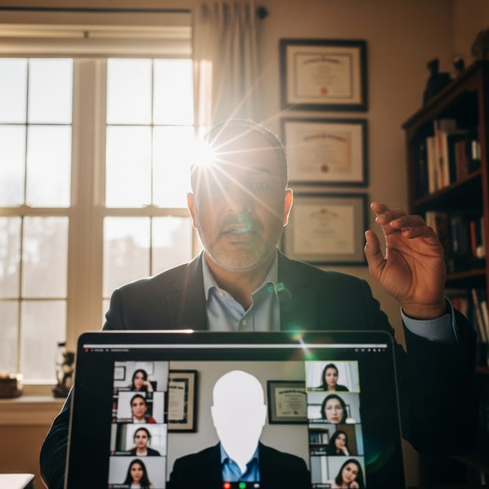 Middle-Eastern University Professor Teaching Online with Sunlight Glare Middle-Eastern University Professor Teaching Online with Sunlight Glare
