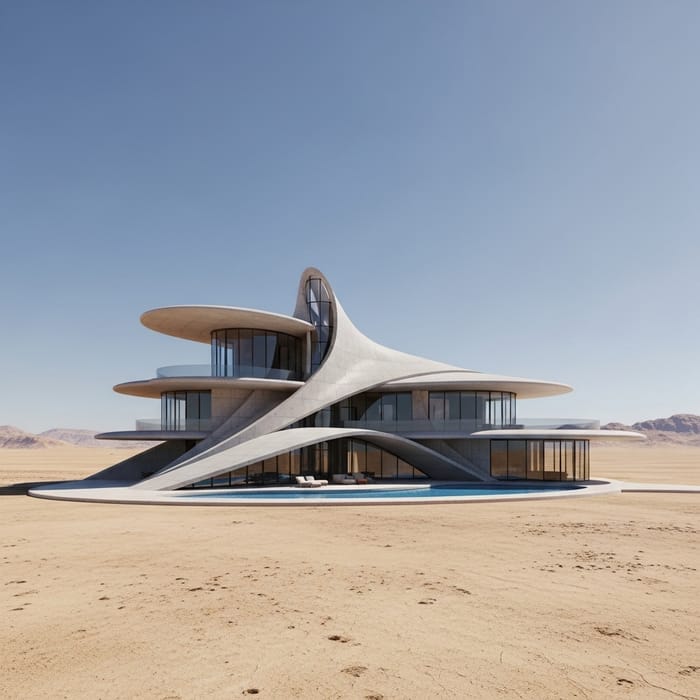Futuristic Zaha Hadid Style Villa in Desert Landscape Futuristic Zaha Hadid Style Villa in Desert Landscape