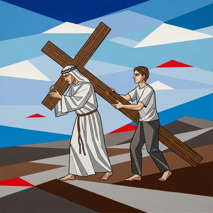Colorful Medium Geometric Mosaic: Someone Assisting Jesus Colorful Medium Geometric Mosaic: Someone Assisting Jesus