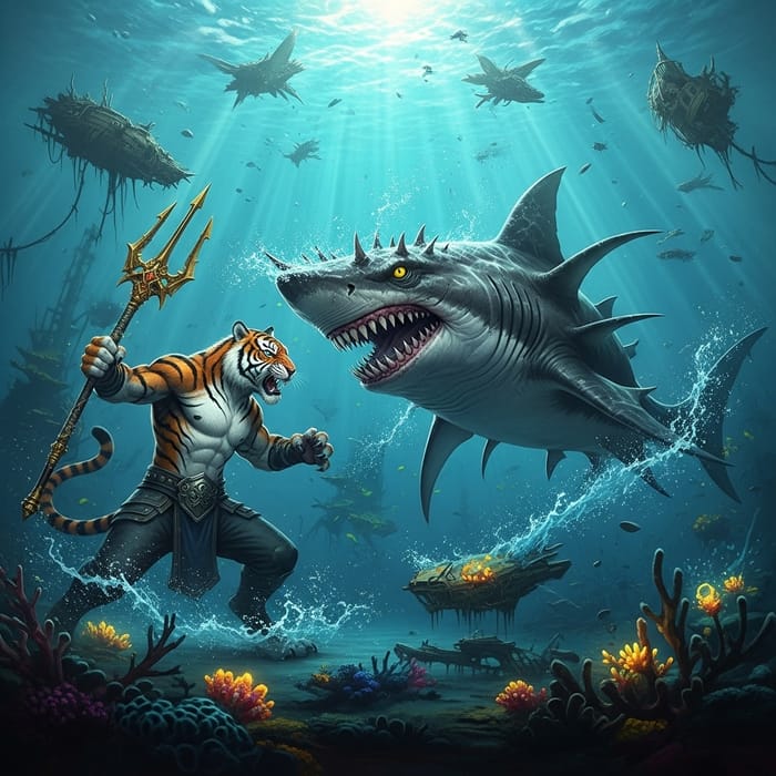 Humanoid Tiger vs Mutant Shark in Epic Underwater Showdown Humanoid Tiger vs Mutant Shark in Epic Underwater Showdown