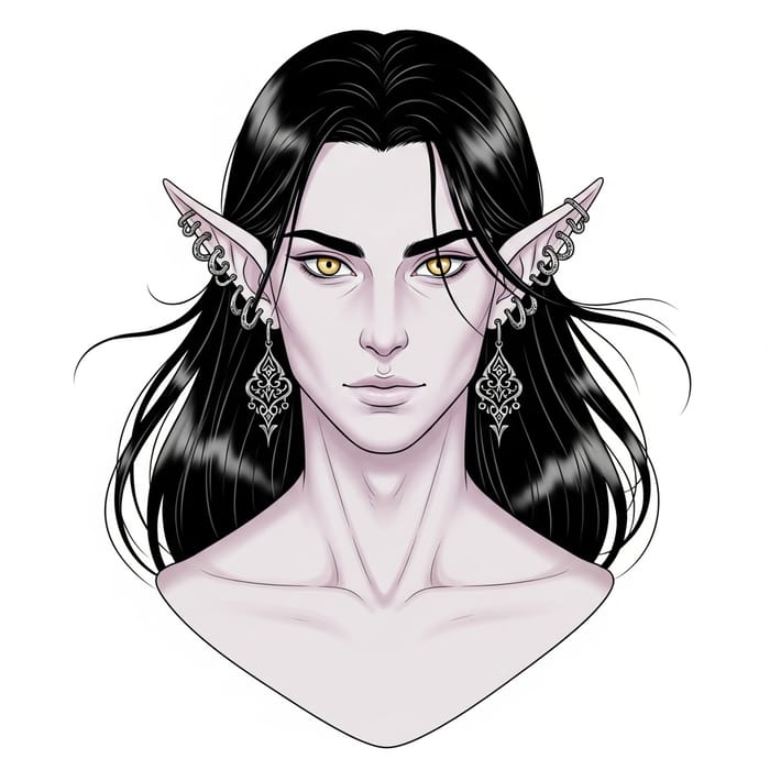 Captivating Ethereal Androgynous Elf Portrait - Enchanting Golden-Eyed Pale Elf with Flowing Black Hair